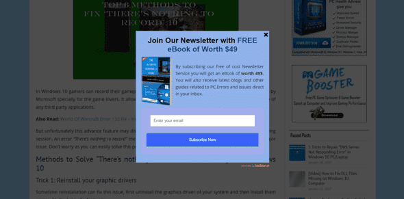 screen filling popup asking to sign up to newsletter